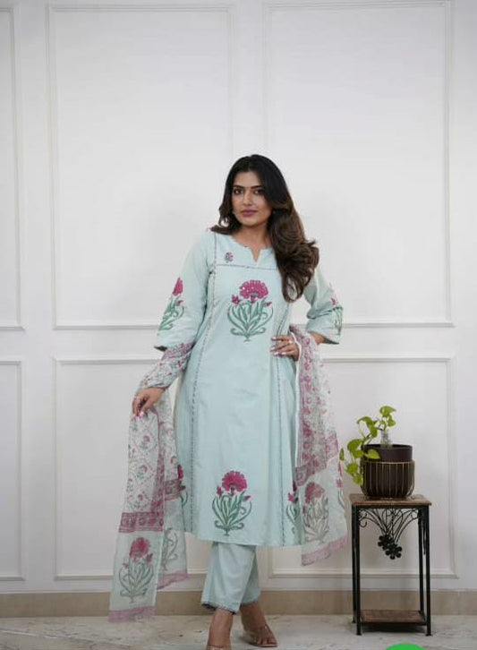 Elegant Mint Green Cotton Dupatta Set
