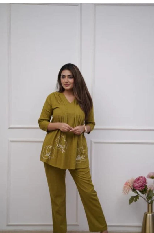 Stylish Mehandi Pintex Embroidery Co-ord Set