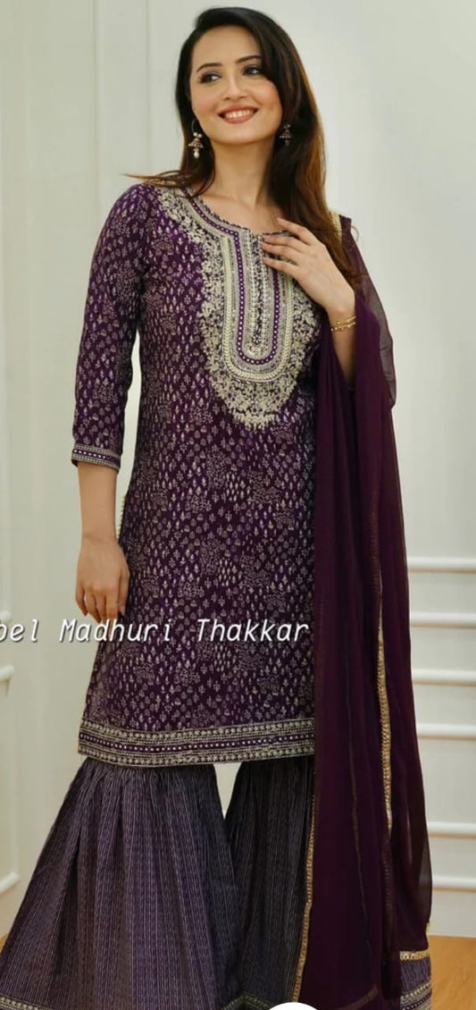 Beautiful Plum Purple Embroidery Dupatta Set