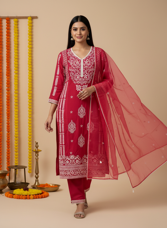 Rani Pink Embroidery Dupatta Set