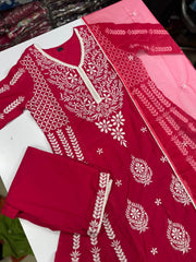 Rani Pink Embroidery Dupatta Set