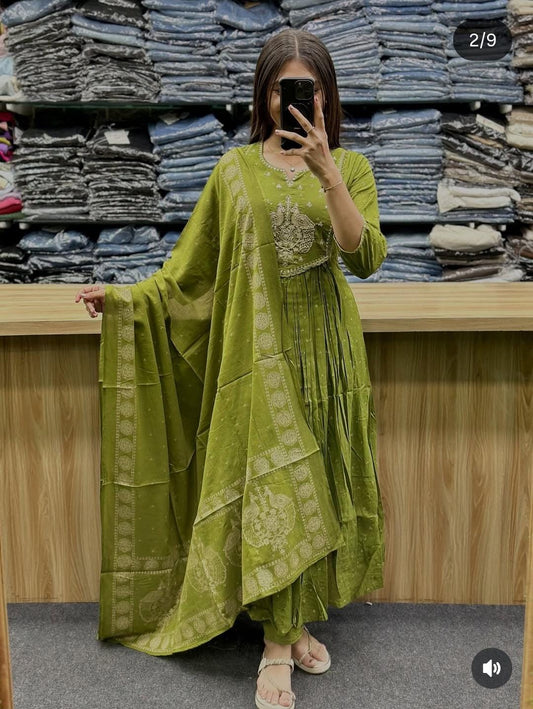 Olive Green Anarkali Cotton Dupatta Set