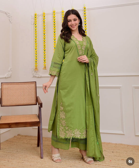 Beautiful Olive Green Cotton Dupatta Set