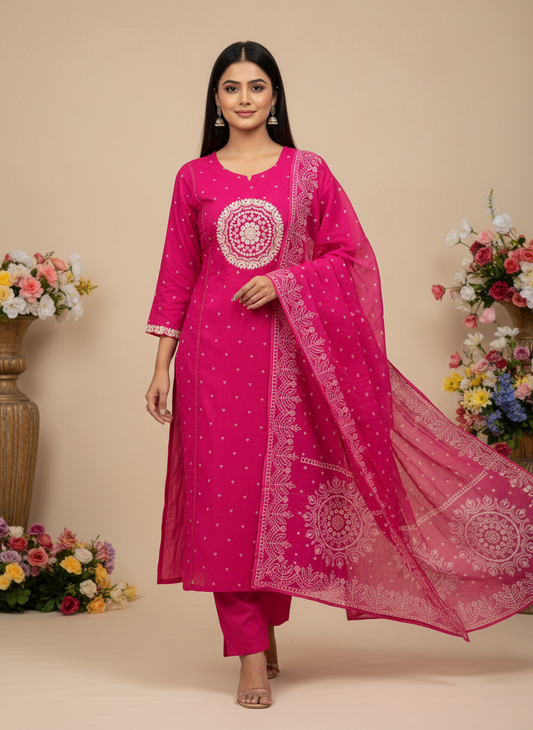 Elegant Pink Cotton Dupatta Set