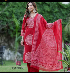Women's Red Cotton Dupatta Set