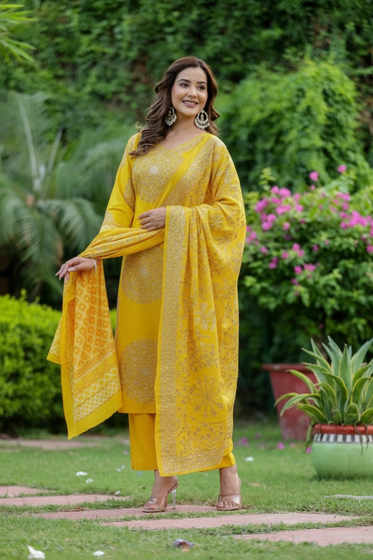 Women's Yellow Cotton Dupatta Set