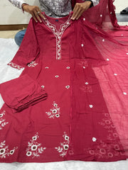 Women's Maroon Cotton Dupatta Set