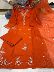 Women's Rust Orange Cotton Dupatta Set