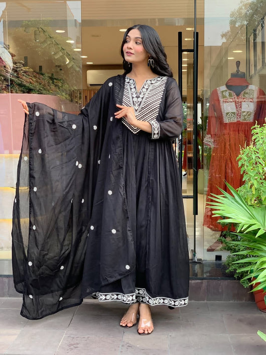 Perfect Black Cotton Dupatta Set