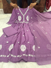 Lavender Cotton Mal Anarkali Embroidery Set