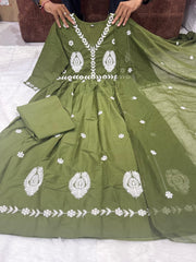 Olive Green Cotton Mal Anarkali Embroidery Set