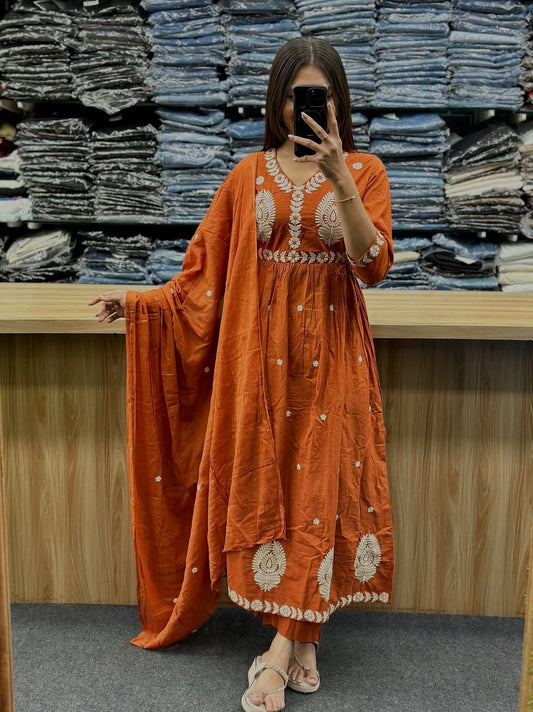 Orange Cotton Mal Anarkali Embroidery Set