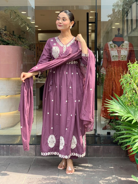 Lavender Cotton Mal Anarkali Embroidery Set