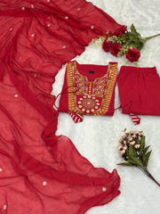 Maroon Cotton Mal Mirror Work Embroidered Kurta Set.