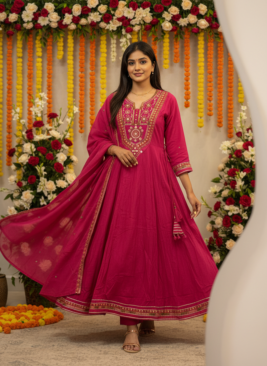 Rani Cotton Mal Mirror Work Embroidered Kurta Set.