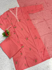 Peach Floral Embroidered Cotton Mal Kurta Set (3Pc) – Elegant Festive Collection