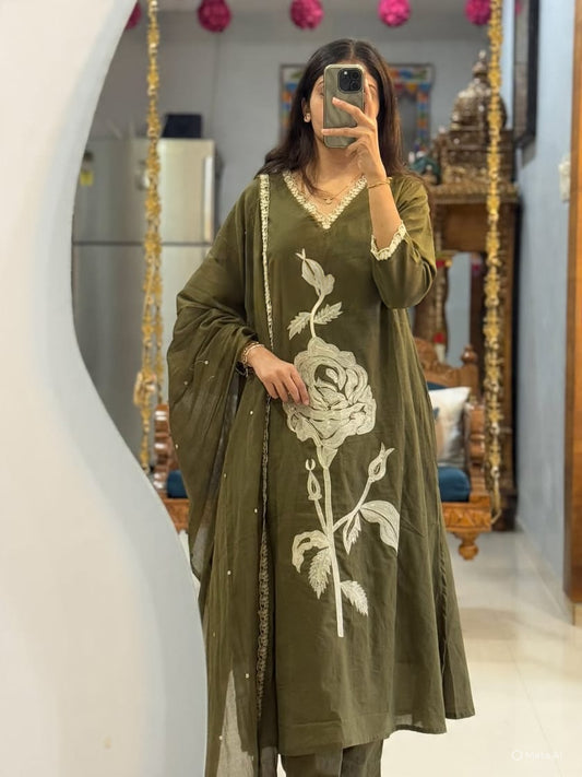 Elegant Green Cotton Dupatta Set