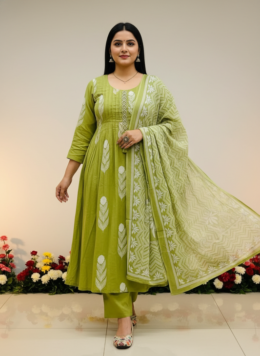 Mehndi Green Embroidered Cotton Kurta Set