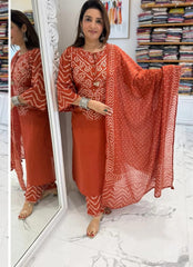 Rust Bandhej Cotton Kurta Set