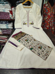 Ivory Cotton Flex Embroidered Kurta Set With Tribal Print Dupatta