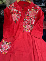 Red Cotton Embroidered Kurta Pant Set