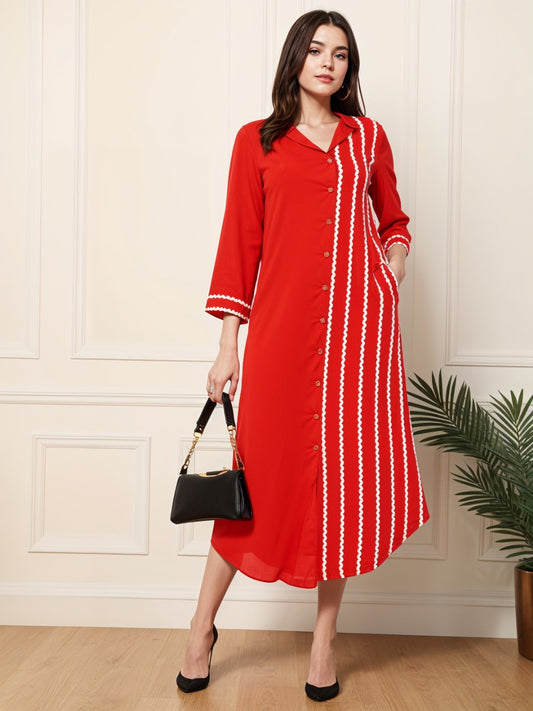 Red Striped A-Line Midi Dress