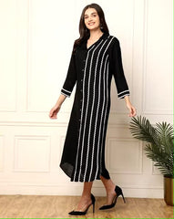 Black Striped A-Line Midi Dress