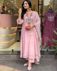 Pink Chanderi Embroidered Kurta Pant & Dupatta Set