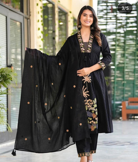 Black Embroidered Pure Cotton Dupatta Set