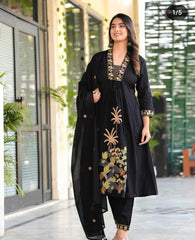 Black Embroidered Pure Cotton Dupatta Set