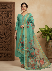 Mint Green Chandri Silk Embroidered Kurti Pant Dupatta Set