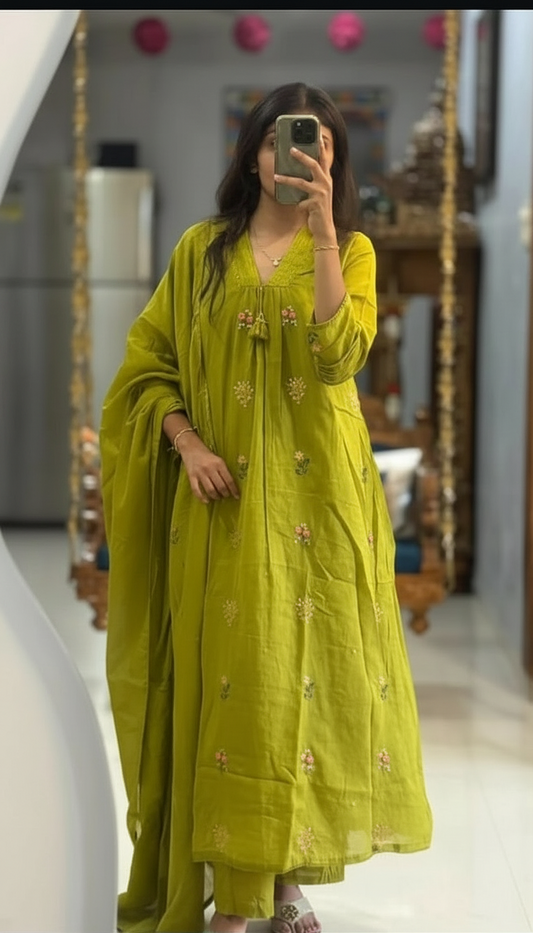 Lime Green Cotton Anarkali Suit with Hand Embroidery