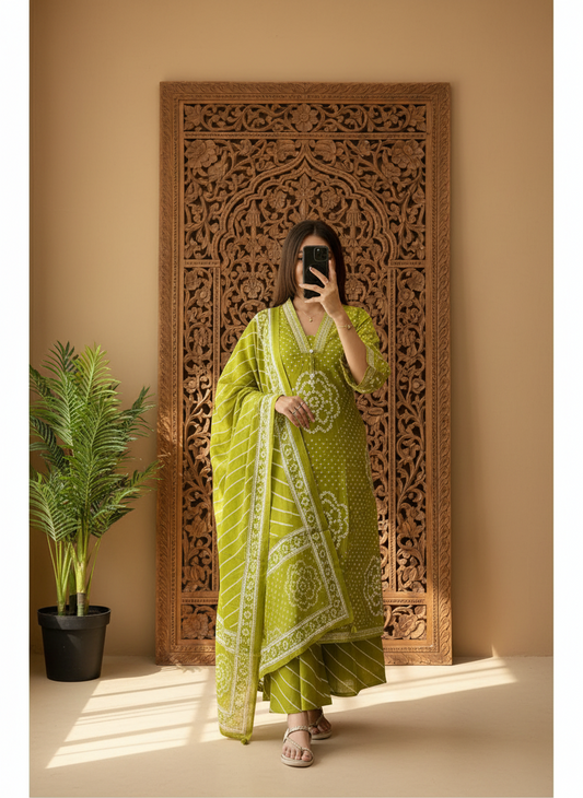 Vibrant Parrot Green Bandhani Cotton Kurta Set with Embroidered Yoke & Leheriya Pants | Summer Ethnic Wear