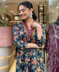 Navy Blue Alia Cut Cotton Suit Set with Sequence Adda Work | Floral Print Straight Kurta with Pant & Dupatta