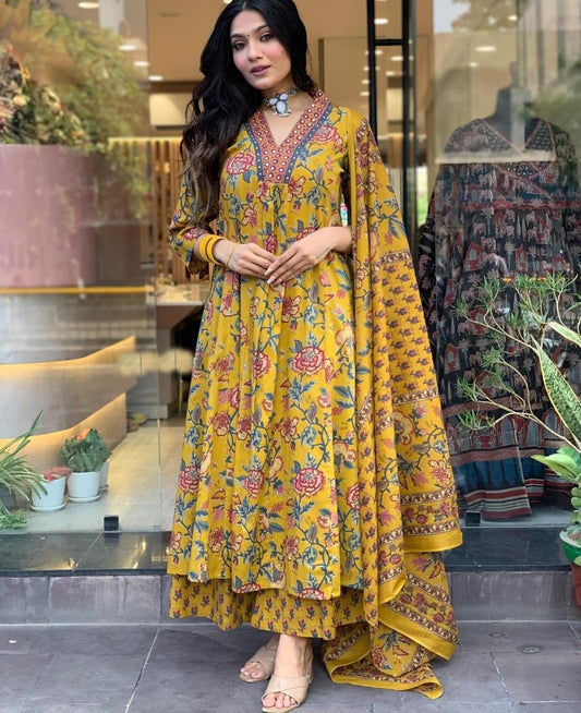 Mustard Yellow Alia Cut Cotton Suit with Floral Print | Festive Wear Straight Kurta Set with Sequence Work