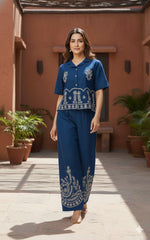 Royal Blue Cotton Flex Embroidered Co-ord Set Shirt & Plazzo