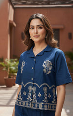 Royal Blue Cotton Flex Embroidered Co-ord Set Shirt & Plazzo