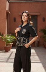 Black Cotton Flex Embroidered Co-ord Set Shirt & Plazzo