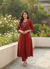 Maroon Embroidered Cotton Flex Kurti Plazo Set – Premium Daily & Office Wear Suit