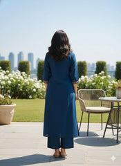 Navy Blue Embroidered Cotton Flex Kurti Plazo Set – Premium Ethnic Wear for Women