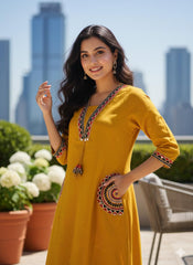 Mustard Cotton Flex Embroidered Kurti Plazo Set – Elegant Everyday Wear for Women