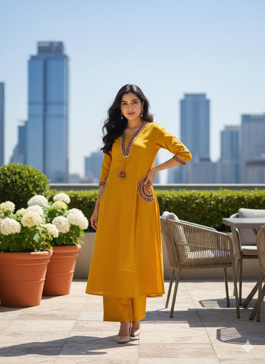 Mustard Cotton Flex Embroidered Kurti Plazo Set – Elegant Everyday Wear for Women