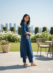 Navy Blue Embroidered Cotton Flex Kurti Plazo Set – Premium Ethnic Wear for Women