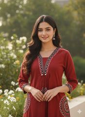 Maroon Embroidered Cotton Flex Kurti Plazo Set – Premium Daily & Office Wear Suit