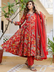Red Angrakha Cotton Anarkali Set with Sequence Adda Work – Kurti Pant Dupatta Set