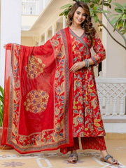 Red Angrakha Cotton Anarkali Set with Sequence Adda Work – Kurti Pant Dupatta Set