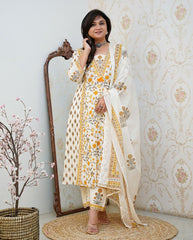 Elegant Yellow Floral Printed Cotton Kurti Set with Pant & Dupatta | Pure Cotton 60×60 | New Launch