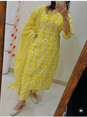 Bright Yellow Ikat Cotton Suit Set with Handwork Kurta, Pant & Dupatta | Summer Special | Sizes up to 46