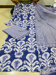Navy Blue Ikat Cotton Suit Set | Handwork Kurta with Pant & Printed Dupatta | Daily Wear Collection