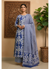 Navy Blue Ikat Cotton Suit Set | Handwork Kurta with Pant & Printed Dupatta | Daily Wear Collection